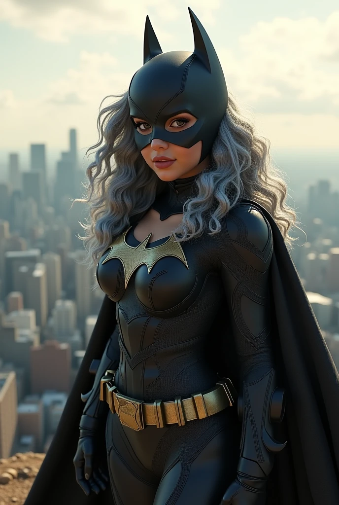 A beautiful youthful looking Hispanic version of a gray haired Selena Gomez as a 50 years old woman with long her completely gray hair in a big curls styles as the superhero batwoman wearing a batwoman costume with a hood standing on top of a hill overlooking a big city