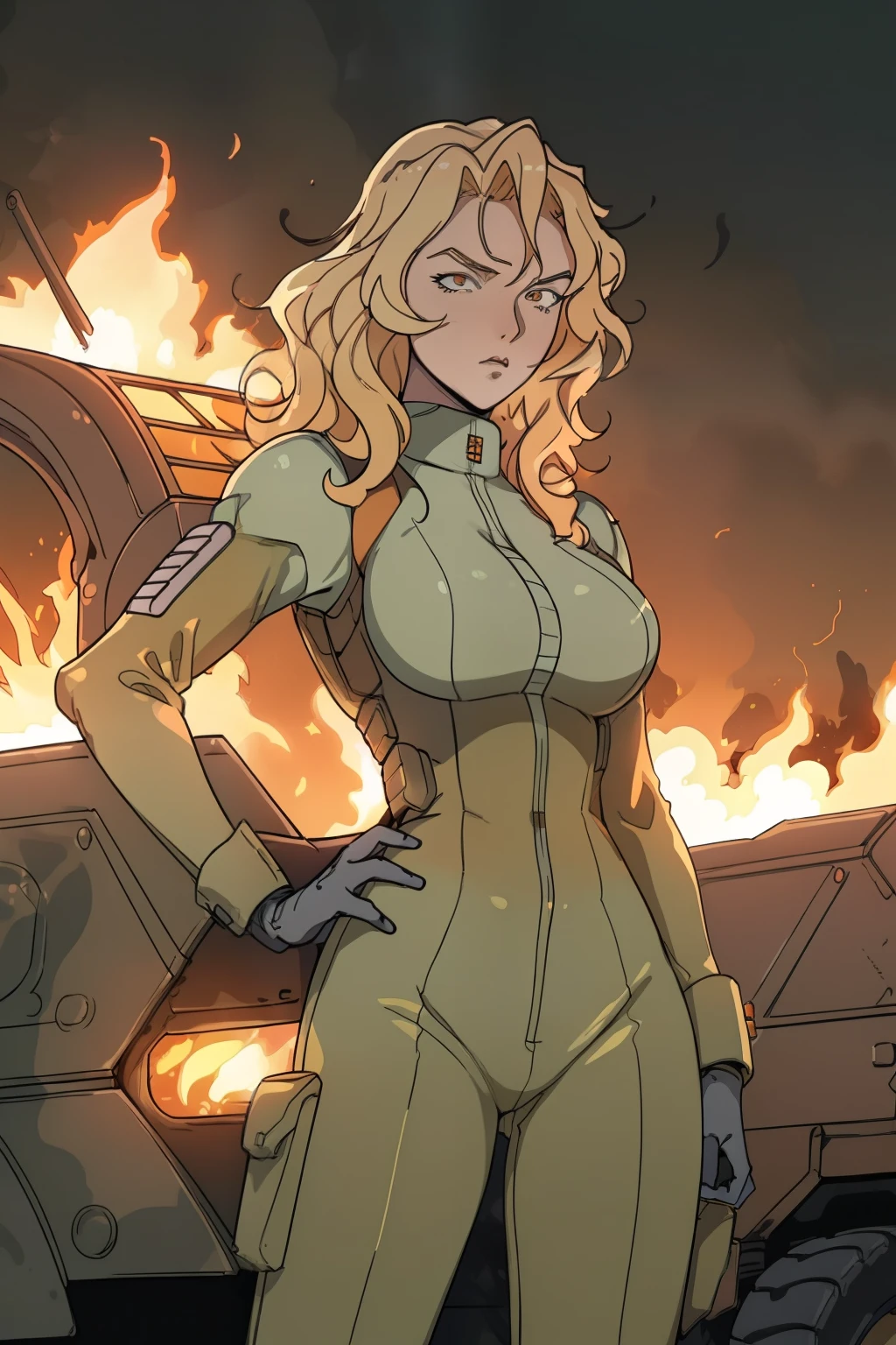 Woman with blonde, wavy hair cascading down her back, big breasts accentuated by her tactical military vest, positioned boldly amidst a chaotic dessert landscape filled with military vehicles and the ferocious tongues of flames from the cataclysmic explosions of explosive bombs. The scene, painted in high-contrast hues, showcases photorealistic details with a touch of abstract psychedelic neon accents that shiny on the burned metal of the military vehicles and the glowing orange fire. The woman's posture exudes confidence and strength as she gazes coolly into the distance, standing outstanding against the backdrop of this hostile environment. The image, a master