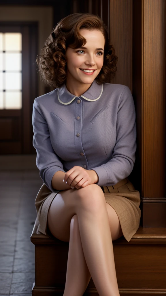 real, atmospheric scene, masterpiece, best quality, (detailed face, detail skin texture, ultra-detailed body),(cinematic light:1.1),
bttflorraine-smf, solo, smile, brown hair, brown eyes, realistic, looking at viewer, short hair, grin, blurry, teeth, curly hair,shirt, lips, sexy, crossed legs