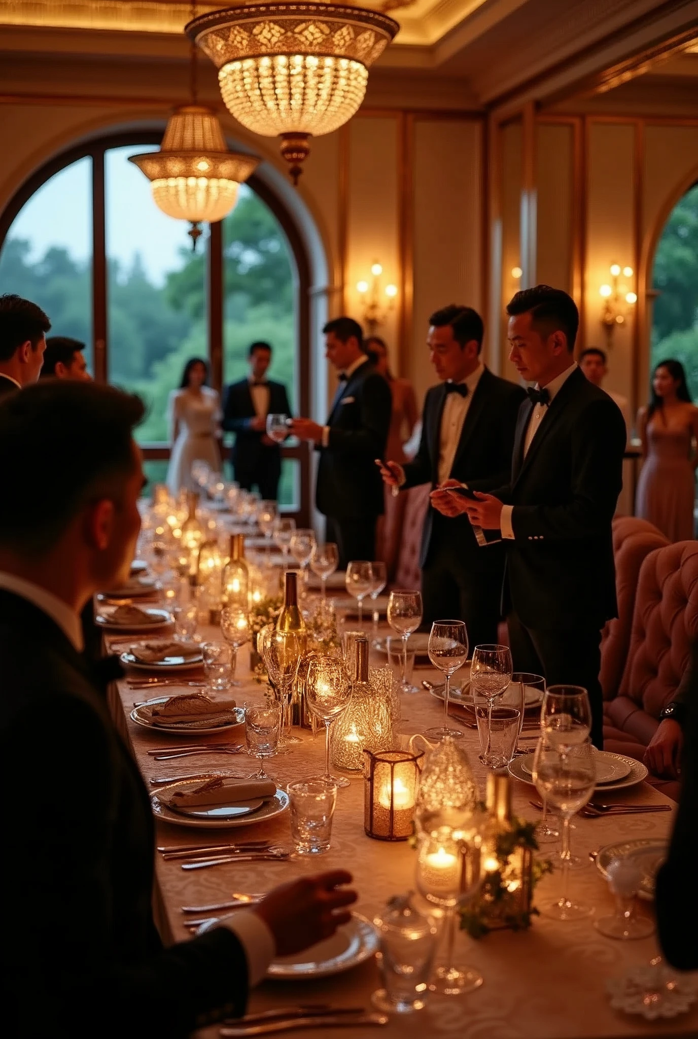 A group of fashionable people,Chinese,Parties,In the villa living room,evening,reunion,Reception,wine,Wine Tasting,Suit,High heel(Rich details),(Best quality),Film Style
