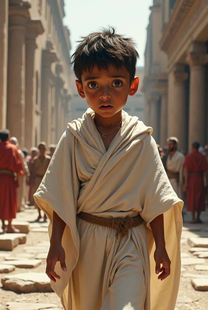 Photorealistic scene with a boy in the foreground, about 10 years old, with Mediterranean features, dirty black hair, disheveled, dirty, with a brown tunic that is also dirty and wrinkled, lost and tearful look. In the background you can see buildings, streets, cars, in ruins and some bonfires visible in a plane with Gaussian blur. Photorealistic 8K UHD scene and High Dynamic Range, mischievous, laughter