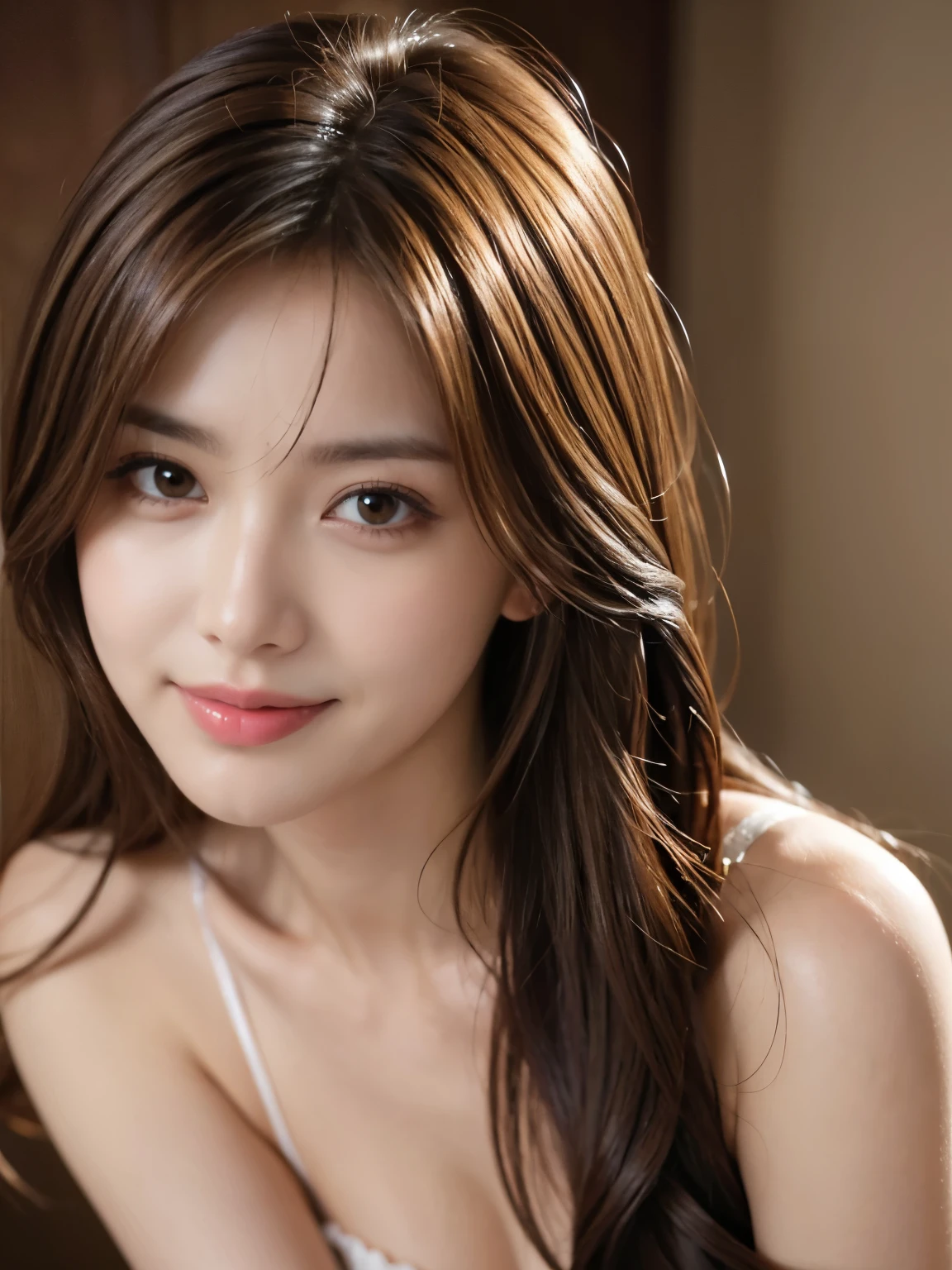 Best quality, realistically, ultra - detailed, Detailed pubic hair, A high resolution, solid color backdrop,8k wallpaper, 1 Beautiful woman, light brown messy hair, lock focus, Perfect dynamic composition, beautiful eyes, Delicate hair, Detailed realistically skin texture, Smiling, closeup portrait, Model body type, turning around posture,