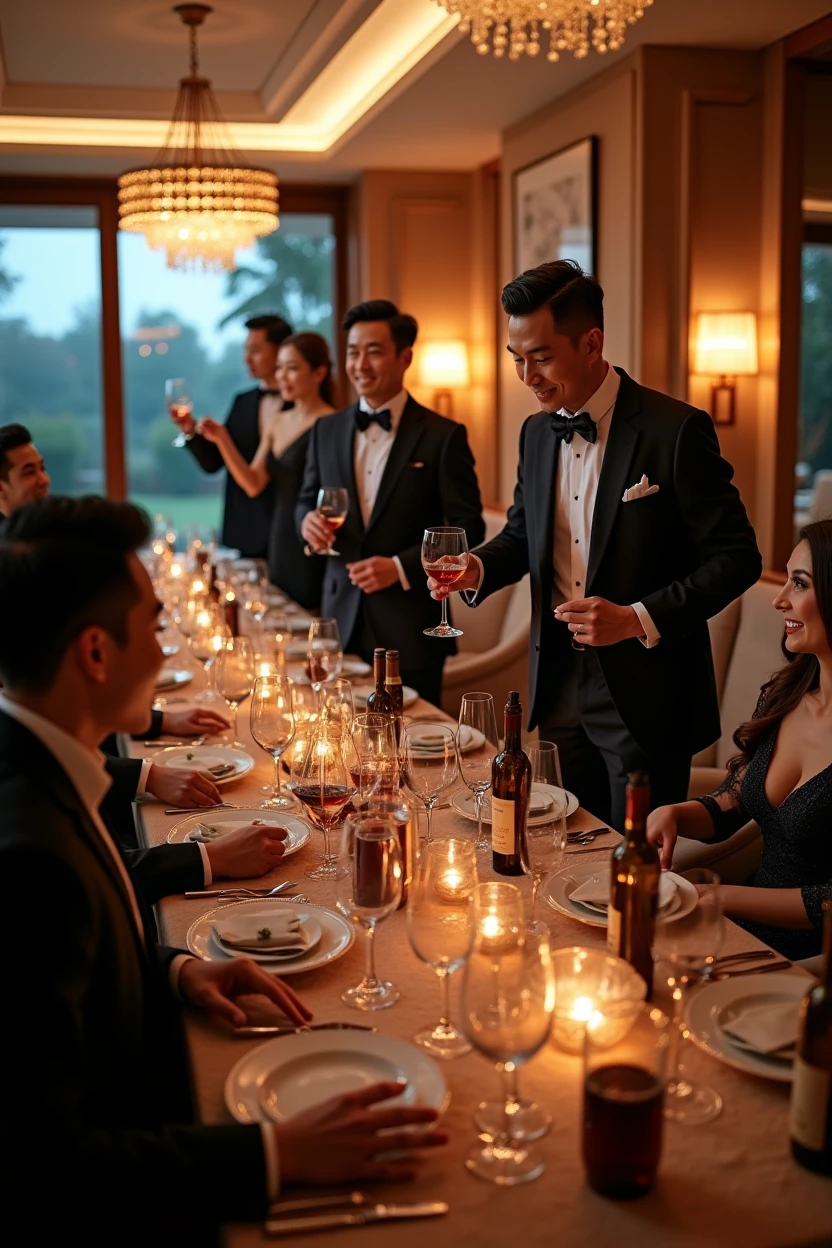 A group of fashionable people，Chinese，Parties，In the villa living room，evening，reunion，Reception，wine，Wine Tasting，Suit，High heel（Rich details），（Best quality），Film Style