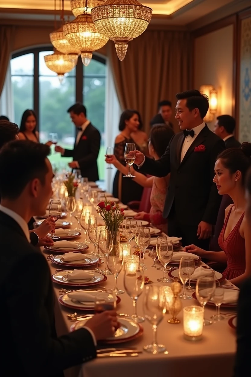 A group of fashionable people,Chinese,Parties,In the villa living room,evening,reunion,Reception,wine,Wine Tasting,Suit,High heel(Rich details),(Best quality),Film Style