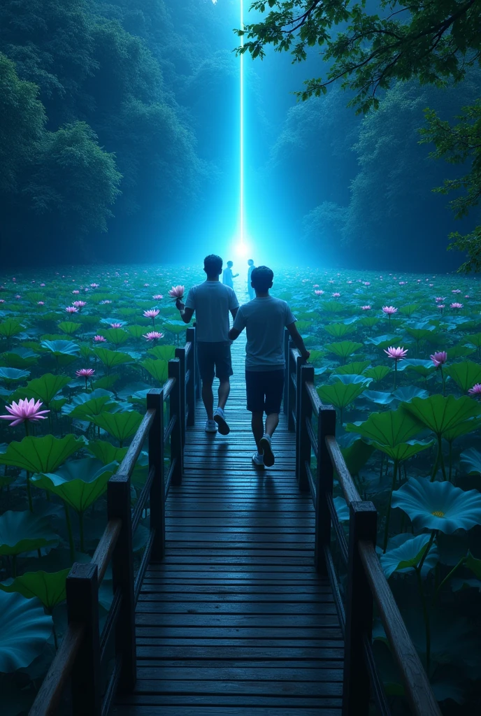 Two perfect young men walk forward on a high wooden bridge across a beautiful lotus-blossom lake, one male friend holding a bunch of lotus flowers in one hand and reaching out towards a light, the other friend is seen in the distance. Bright blue points towards the light, , a scene of light in the distance, a realistic picture, attractive pic, black background