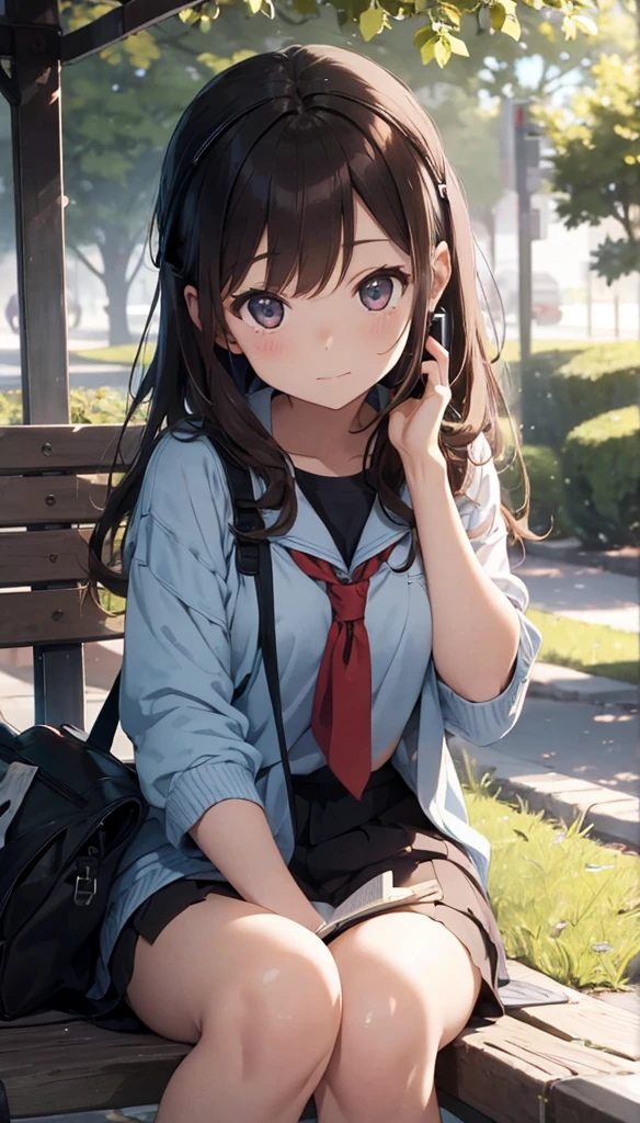 Sitting on a park bench reading a book while listening to music on headphones One person Top quality beautiful girls Brown Hair evening Japanese anime style