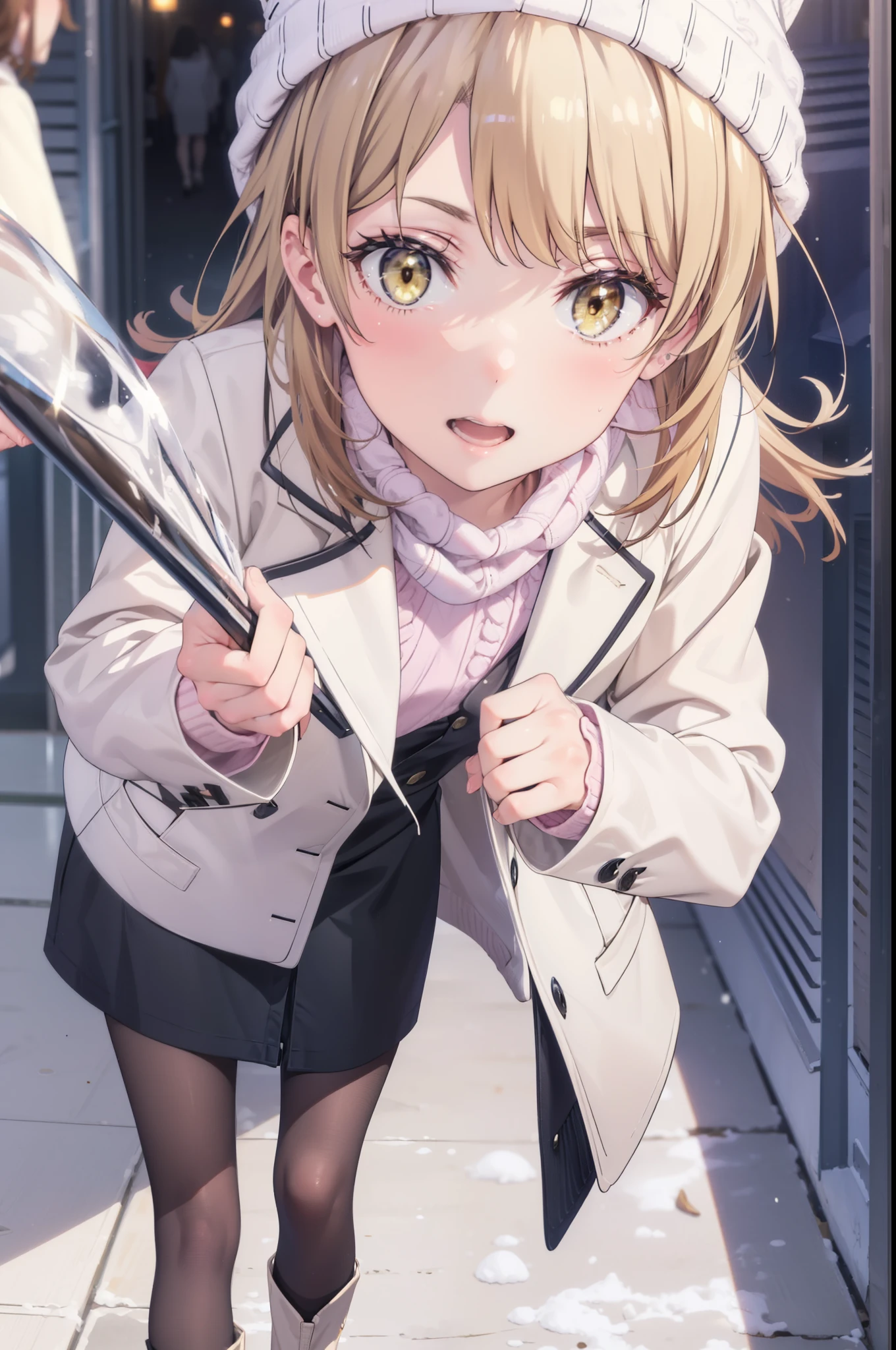 Irohaisshiki, isshiki iroha, Long Hair, Brown Hair, (Brown eyes:1.5), smile,Open your mouth,White Breath,low twin tail,Knitted hat,White scarf,Yellow long coat　Open front,Pink v-neck sweater,Short denim,Black pantyhose,short boots,Walking,snowが降っている,snowが積もっている,moon,night,snow,snow,snow,snow,whole bodyがイラストに入るように,　　　　　　　　　break outdoors, Building district,
break looking at viewer,whole body,
break (masterpiece:1.2), Highest quality, High resolution, unity 8k wallpaper, (figure:0.8), (Beautiful attention to detail:1.6), Highly detailed face, Perfect lighting, Highly detailed CG, (Perfect hands, Perfect Anatomy),