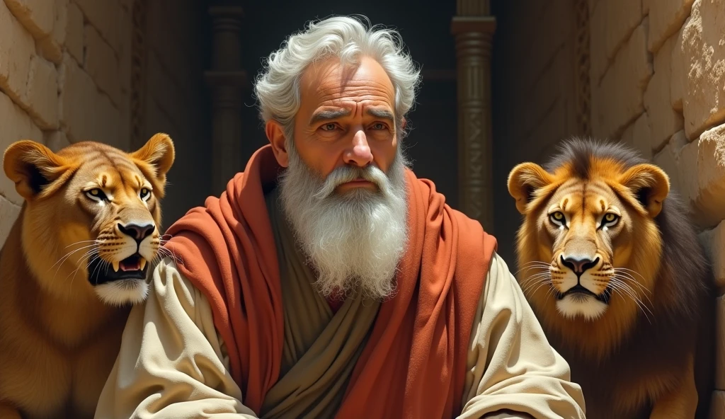 Daniel is portrayed as an elderly man, with a beard and white hair. He wears simple, traditional Babylonian clothing.. The most emblematic image shows him in the lion's den, surrounded by fierce animals that are calm around you, reflecting the miracle of your divine protection. The background may include ancient Babylonian architecture.