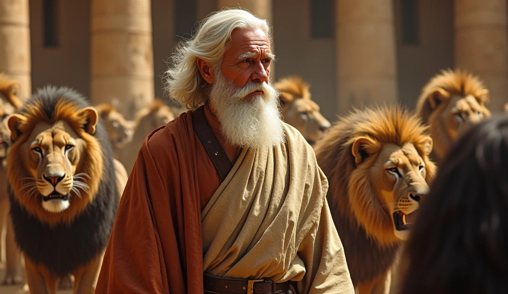 Daniel is portrayed as an elderly man, with a beard and white hair. He wears simple, traditional Babylonian clothing.. The most emblematic image shows him in the lion's den, surrounded by fierce animals that are calm around you, reflecting the miracle of your divine protection. The background may include ancient Babylonian architecture.