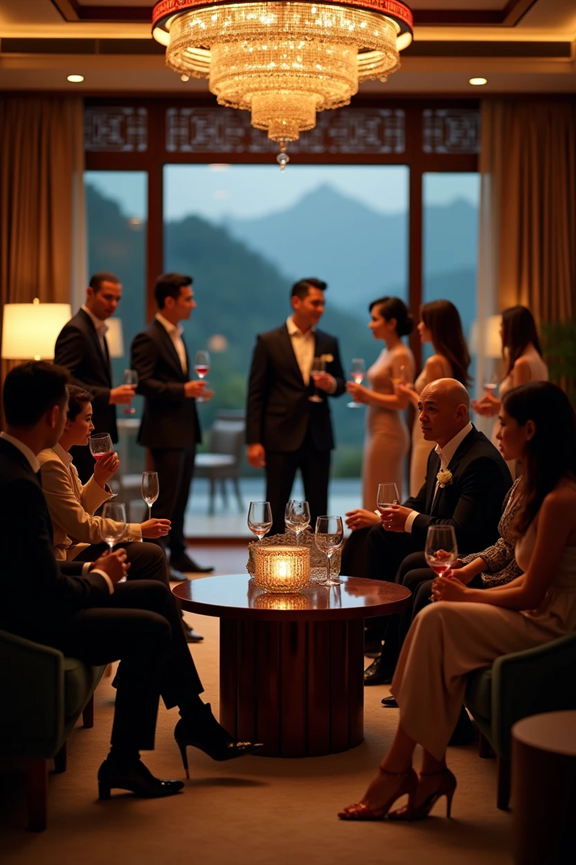 A group of fashionable people，Chinese，Parties，In the villa living room，evening，reunion，Reception，wine，Wine Tasting，Suit，High heel（Rich details），（Best quality），Film Style