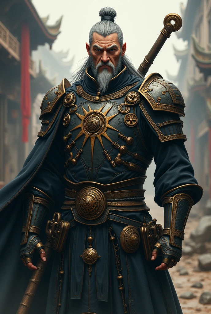 Um homem velho, Cao Cao, stark, with armor and an exoskeleton. In steampunk anime style 