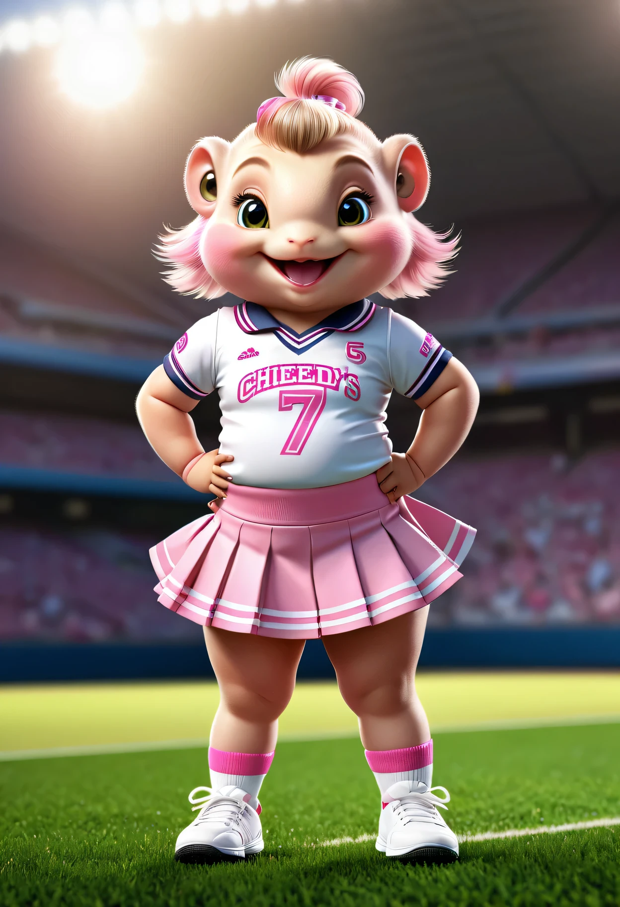 photorealistic portrait of Dressed animals - a ((fat)) pink (baby toad) cheerleader,(full body image from head to toe:2.0), (hands on hips:2.0),(standing), (happy smile:1.2),high quality,(lovely) , highly detailed cute  top with team logo ,intricate detailed  short pleated skirt, highly detailed ((cheerleader's costume)) ,(highly detailed sox and sneakers),(natural toad skin), (happy), natural lighting,,( grass sports field background),score_9, score_8_up, score_7_up, score_6_up, score_5_up, score_4_up,