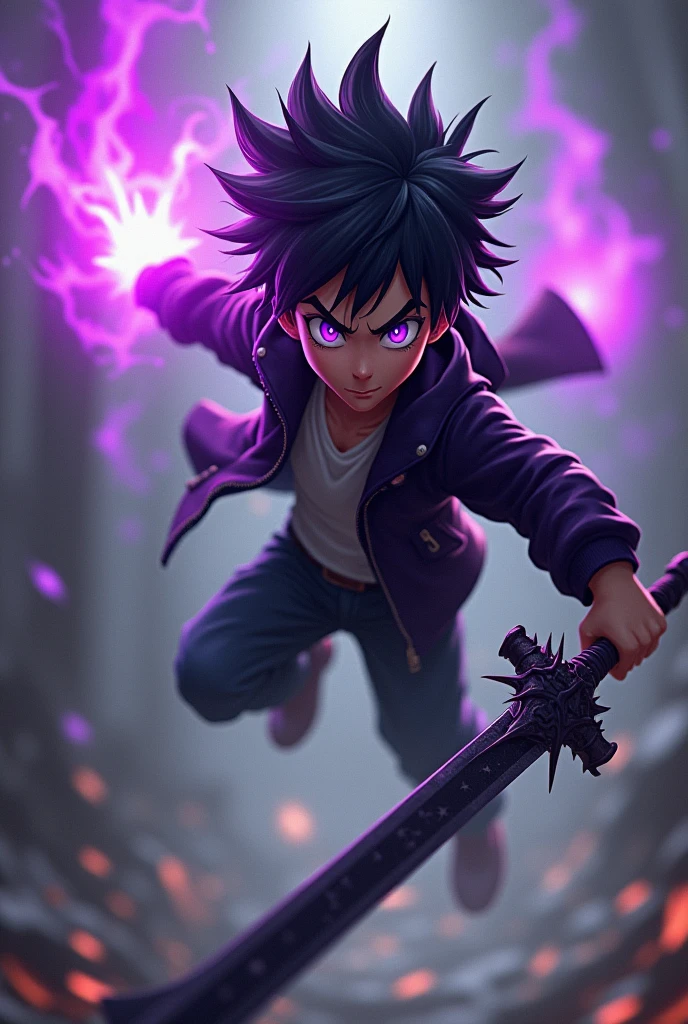 Raising a handsome young boy, with black spiky hair, violet power coming out of the eyes, wearing a small black jacket , jumping and screaming, with a black sword with a thorn handle, 