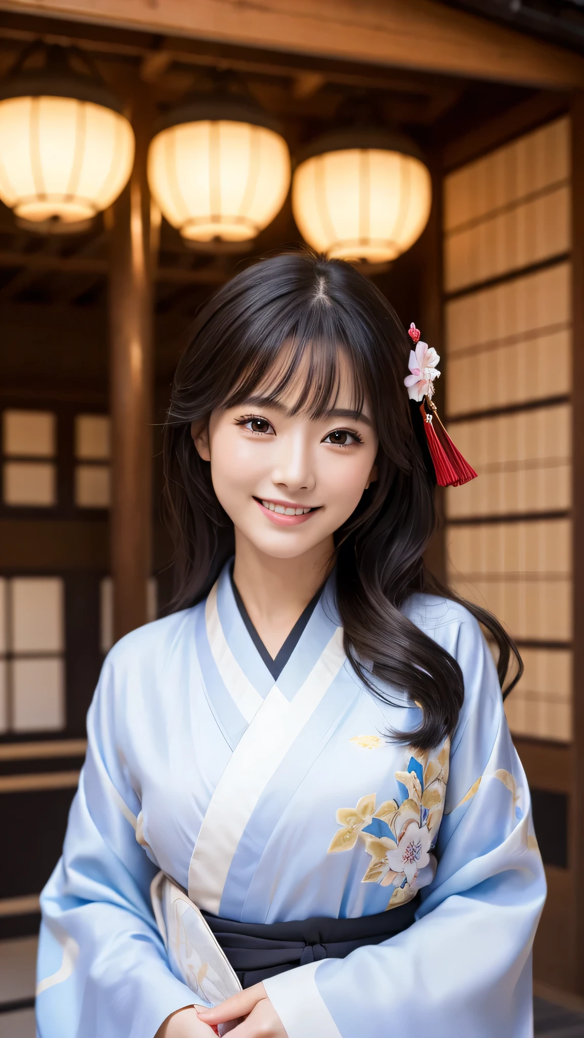 (Super beautiful woman in kimono)、((highest quality、8K masterpiece:1.3))、sharp focus:1.2、(super beautiful face:1.0)、(shiny skin:1.0)、realistic pictures、black hair、video lighting、High resolution eyes and face、video lighting、japanese actress、from the front、with a happy smile、whole body、wearing a kimono、in Kyoto、(luxury obi)、with a fan、Fireworks Display