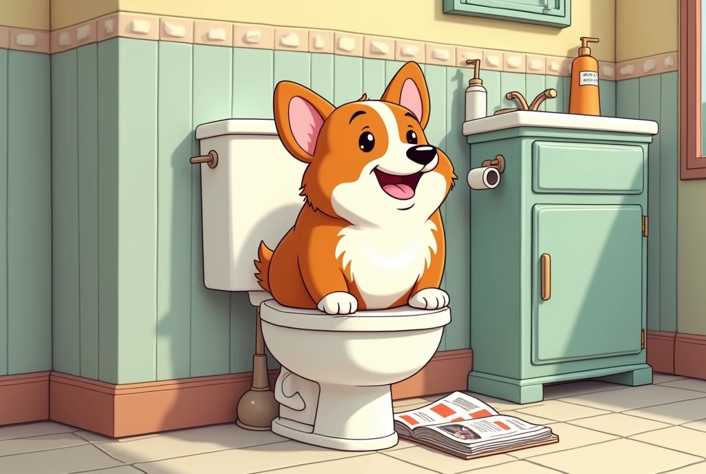 Cartoon corgi dog on toilet