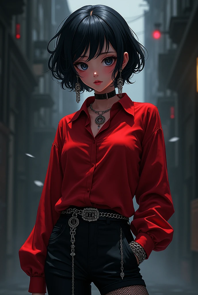 Generate a picture of anime dark black girl with short black hair red shirt and chain pants chain earring no skin showing