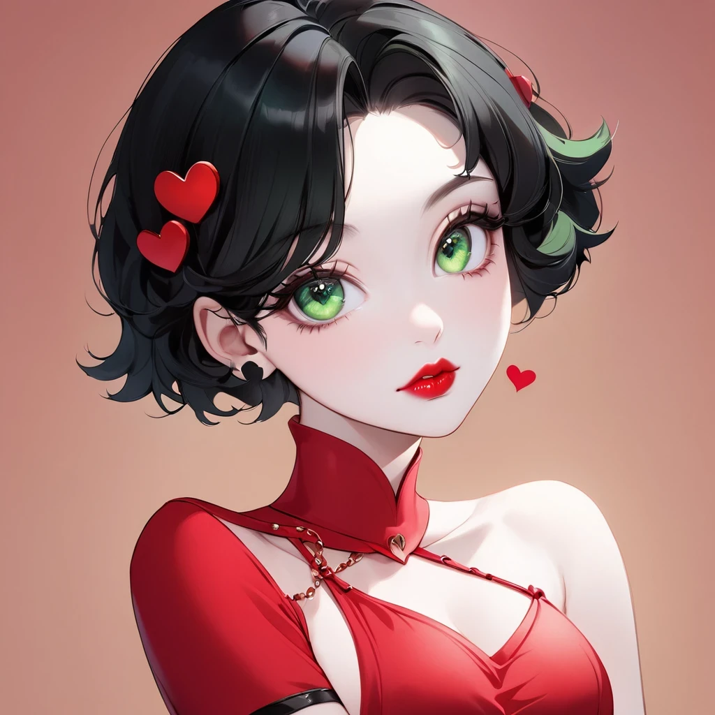 Betty Boop anime version.
pale skin girl, red lips in the shape of a heart, long eyelashes, short black hair, Big green eyes, Sexy red dress.