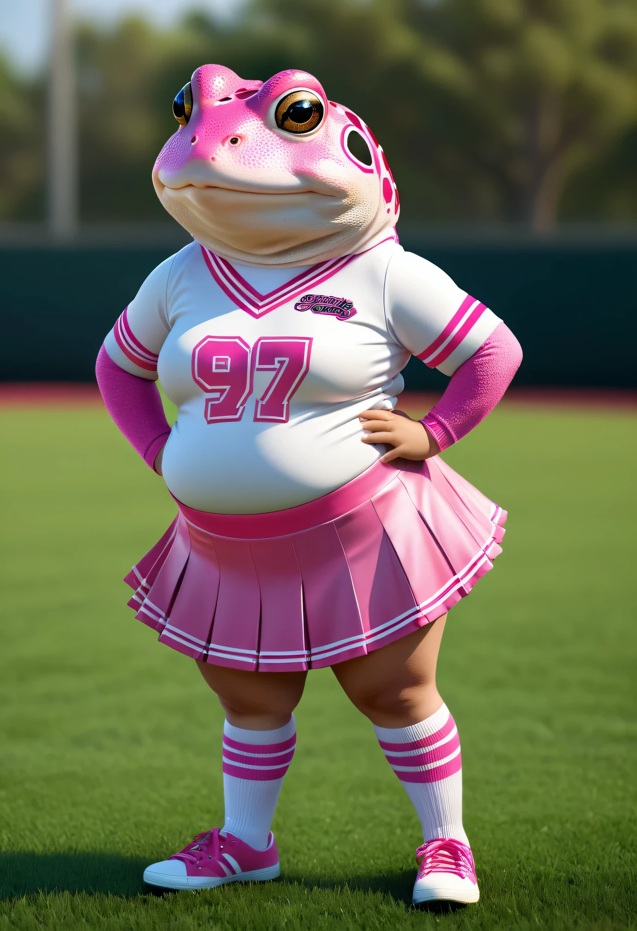 photorealistic portrait of Dressed animals - a ((fat))pink ((toad)) cheerleader,(full body image from head to toe:2.0), (hands on hips:2.0),(standing), (hair ribbon),high quality,(lovely) , highly detailed cute  top with team logo ,intricate detailed  short pleated skirt, highly detailed ((cheerleader's costume)) ,(highly detailed sox and sneakers),(looking at viewer:1.5), (closed mouth:1.2), natural lighting,, grass sports field background,score_9, score_8_up, score_7_up, score_6_up, score_5_up, score_4_up,
