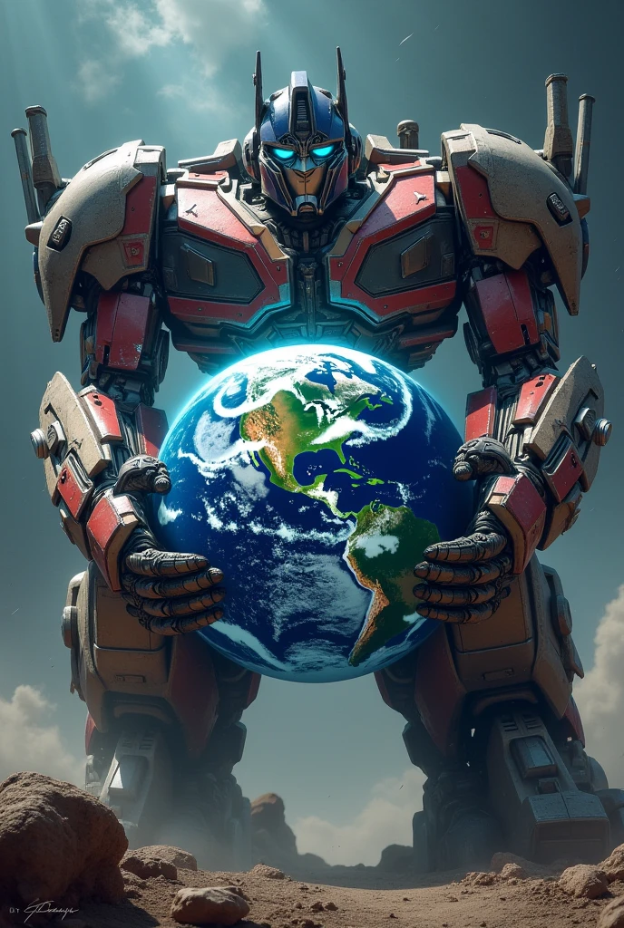 optimus prime crouched holding the world