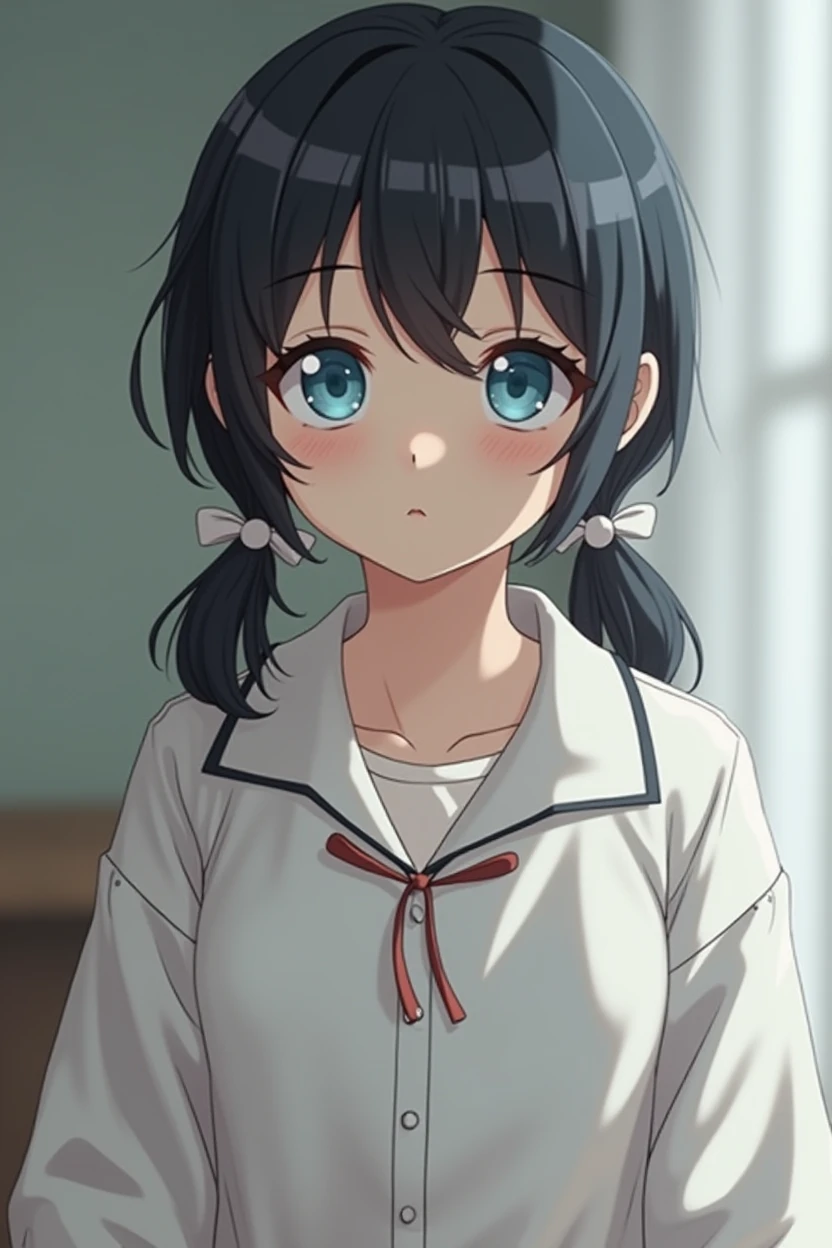 Full body of a little blue-eyed Japanese girl wearing only a blouse
