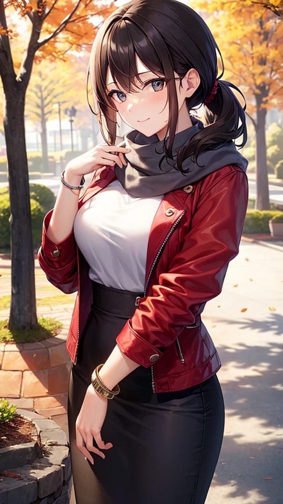 masterpiece, best quality, high detail, 1girl, beautiful woman, wavy hair, dark brown hair, low ponytail, messy hair, large bust, red jacket, gray sweater, black midi pencil skirt, long black skirt:1.2, boots, white scarf, bracelet, autumn, trees, leaves on ground, park, garden, stone, sidewalk, upper body, looking at viewer, light smile, atmospheric, moody