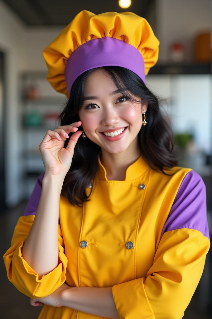 Woman aged 30 years old, com olhos castanhos, black medium hair, in yellow and purple pastry chef's outfit and chef's hat, take the earring off . Have simple details