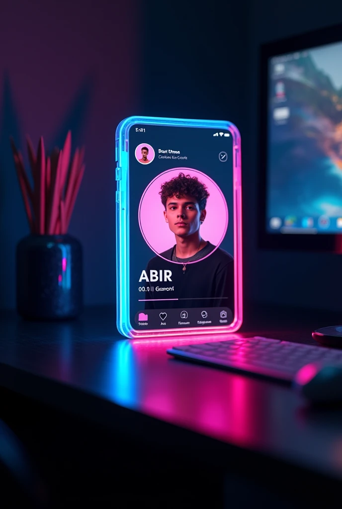 Prompt: Create a Instagram profile on glass id card on a Black desk displaying Instagram logo and realistic profile photo of a age boy in circle and " ABIR " is written in bold fonts under the profile photo and 00.1k Followers written, the Instagram card is glowing in pink and blue color on the edge, One corner is held with two fingers....less