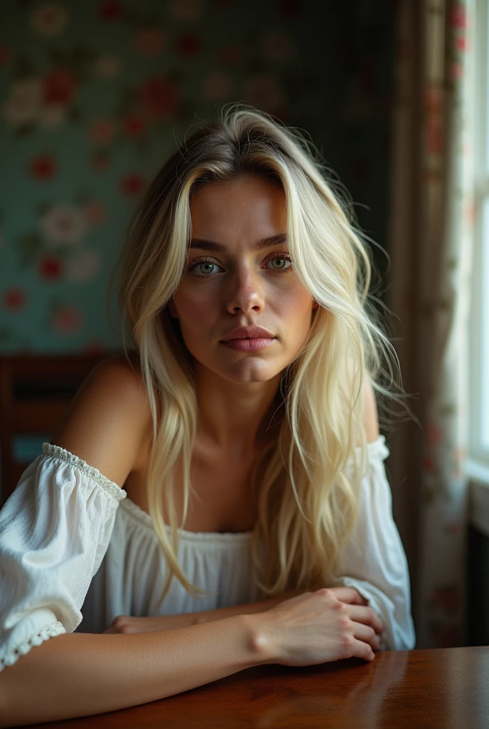 (close-up, photo of elishacuthbert-smf), (highly detailed face:1.3) (smile:0.7) , (detailed skin:1.2),
POV, by lee jeffries, nikon d850, 4 kodak portra 400 ,camera f1.6 lens ,rich colors ,hyper realistic ,lifelike texture, dramatic lighting , cinestill 800,
1girl,solo, blonde hair, table, realistic, window, looking at viewer, white dress, lips, long hair, house interior, decorated walls, mid-body