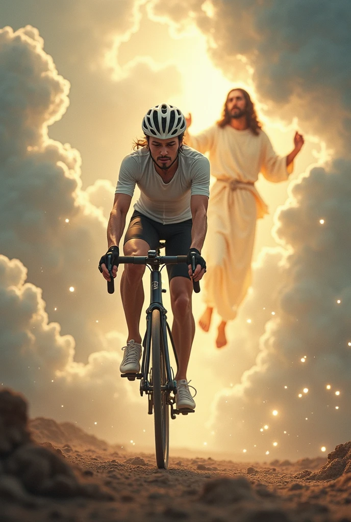 Make a cyclist on a bike in heaven with Jesus 