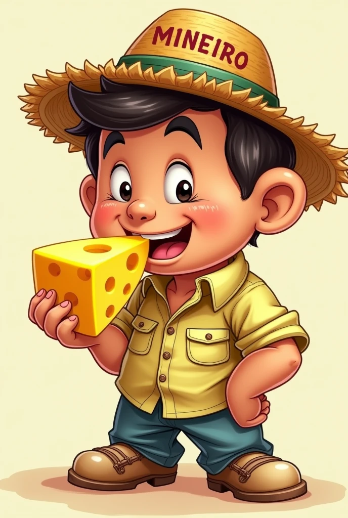 Cartoon of a cheese-eating citizen from Minas Gerais with a cheese next to his mouth, and a straw hat written MINEIRO