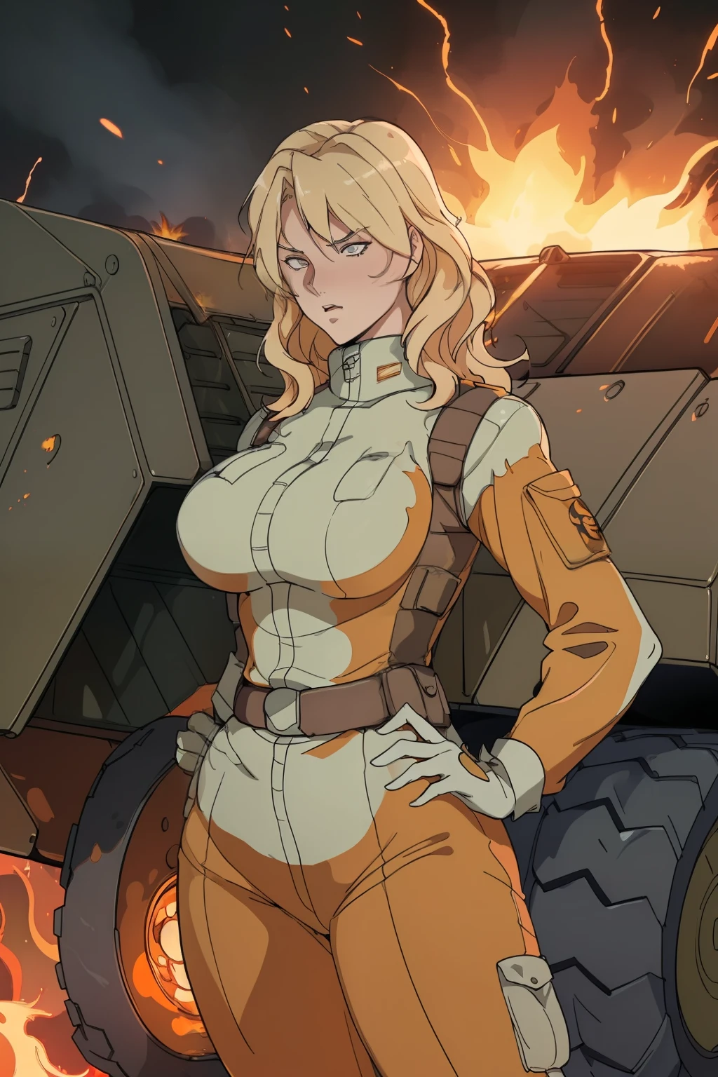 Woman with blonde, wavy hair cascading down her back, big breasts accentuated by her tactical military vest, positioned boldly amidst a chaotic dessert landscape filled with military vehicles and the ferocious tongues of flames from the cataclysmic explosions of explosive bombs. The scene, painted in high-contrast hues, showcases photorealistic details with a touch of abstract psychedelic neon accents that shiny on the burned metal of the military vehicles and the glowing orange fire. The woman's posture exudes confidence and strength as she gazes coolly into the distance, standing outstanding against the backdrop of this hostile environment. The image, a master