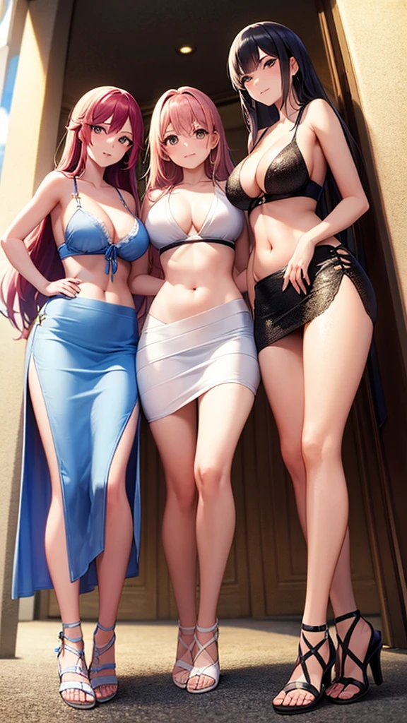 masterpiece, best quality, high detail, soft light, 3girls, three beautiful women posing together, long wavy hair, red hair, pink hair, purple hair, unruly hair, hair curls, large bust, cleavage, black bra and maxi pencil skirt, long skirt:1.28, sandals, collarbone, midriff, belly button, hip bones, beach, full body, from below, atmospheric perspective, light smile,