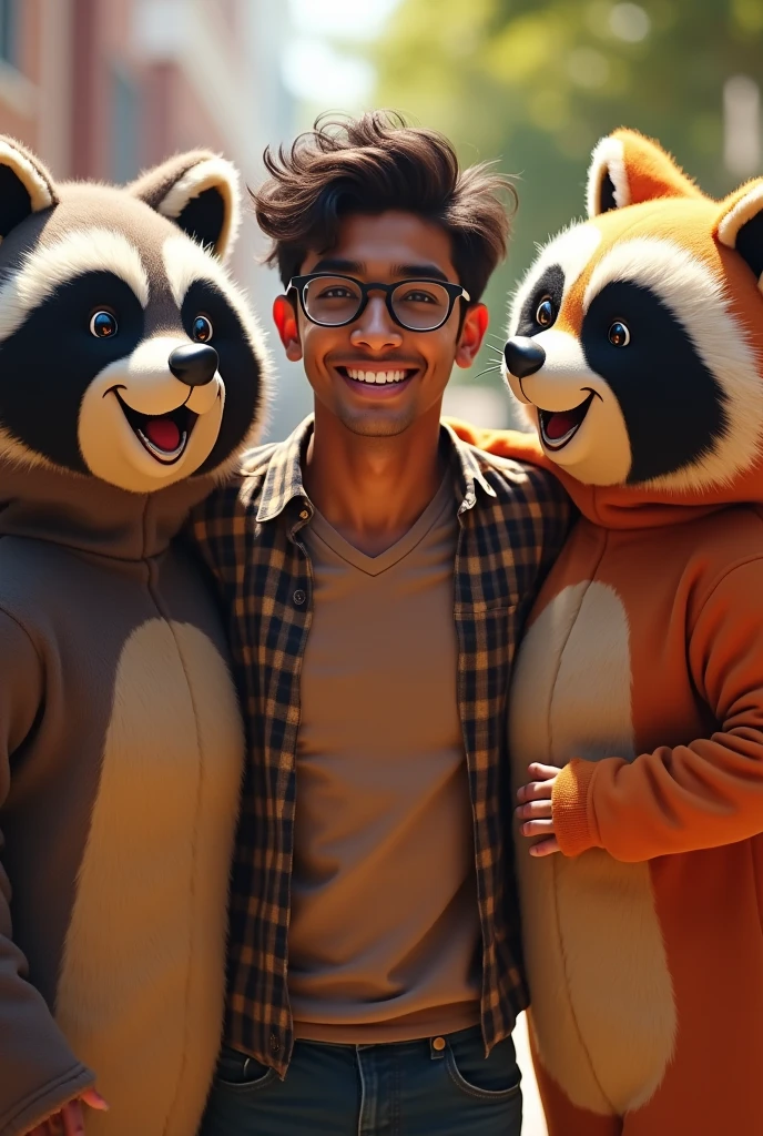 An Indian male college student wearing glasses smiling happily between a person wearing a raccoon costume and a person wearing a nuts costume