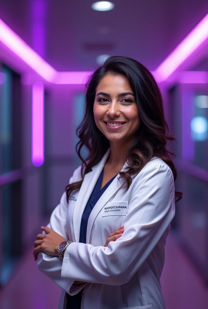 Create an advertisement with a real image, opening of Neurosurgery office, using the color purple in different shades and a photo of Dr.. Diana Paz Hernández with her name highlighted Add the name of the Doctor and some of the services she offers to the image above Add text to one side of the image Add the word NEUROCIRUJANA highlighted next to the Dr.. As advertising text