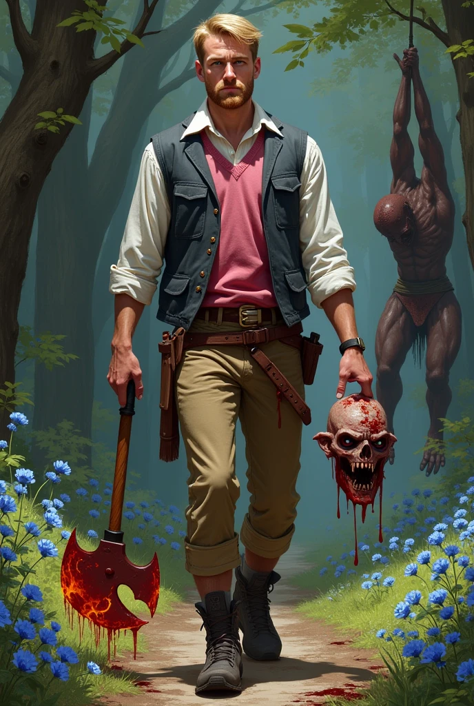A man of 2 m 90 cm tall, he has fair skin, short blond hair, no beard, blue eyes and is wearing a white dress shirt, a pink sweater, vest, brown pants and black hiking boots. He is holding in his left hand a flaming axe and in his other hand a human head. His hands are covered in blood, as is the ground. He is in a forest with blue flowers. There is a shadow behind him and the bodies of hanged monsters.