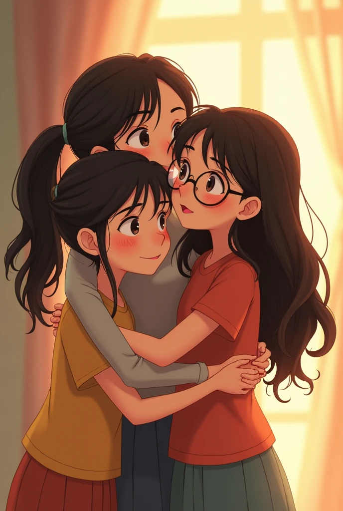 3 girls hugging, one with glasses and black hair tied in a ponytail, the other one with long loose black hair and the other girl with loose brown hair and a bit Chinese Disney version