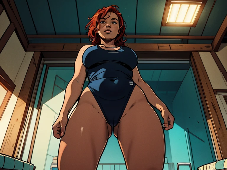 fat woman, ((Camera slightly away)), complete body, redheadwear, with freckles, short, shoulder-length hair loose, wearing a tight swimsuit, near the pool, ((people background)), Swimming Club, Closed environment, well-lit, Wide area, cinematic lighting, wide shot, from below, uhd, masterpiece, accurate, anatomically correct, super detail, high details, high quality, best quality, highres.