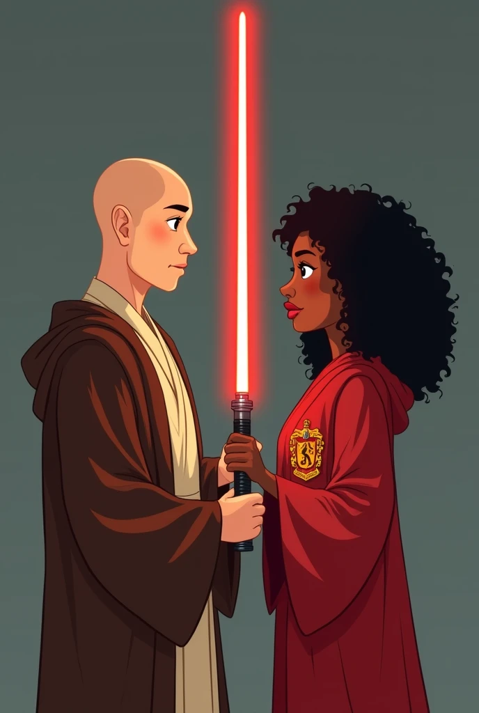 couple of man and woman where the man is dressed as a jedi with a red lightsaber in his hand, he is bald with light brown skin and the woman has brown skin, black curly hair and dressed in red Gryffindor robes and she has a wand in her hand. They're looking at each other. style cartoon. Star Wars scenario