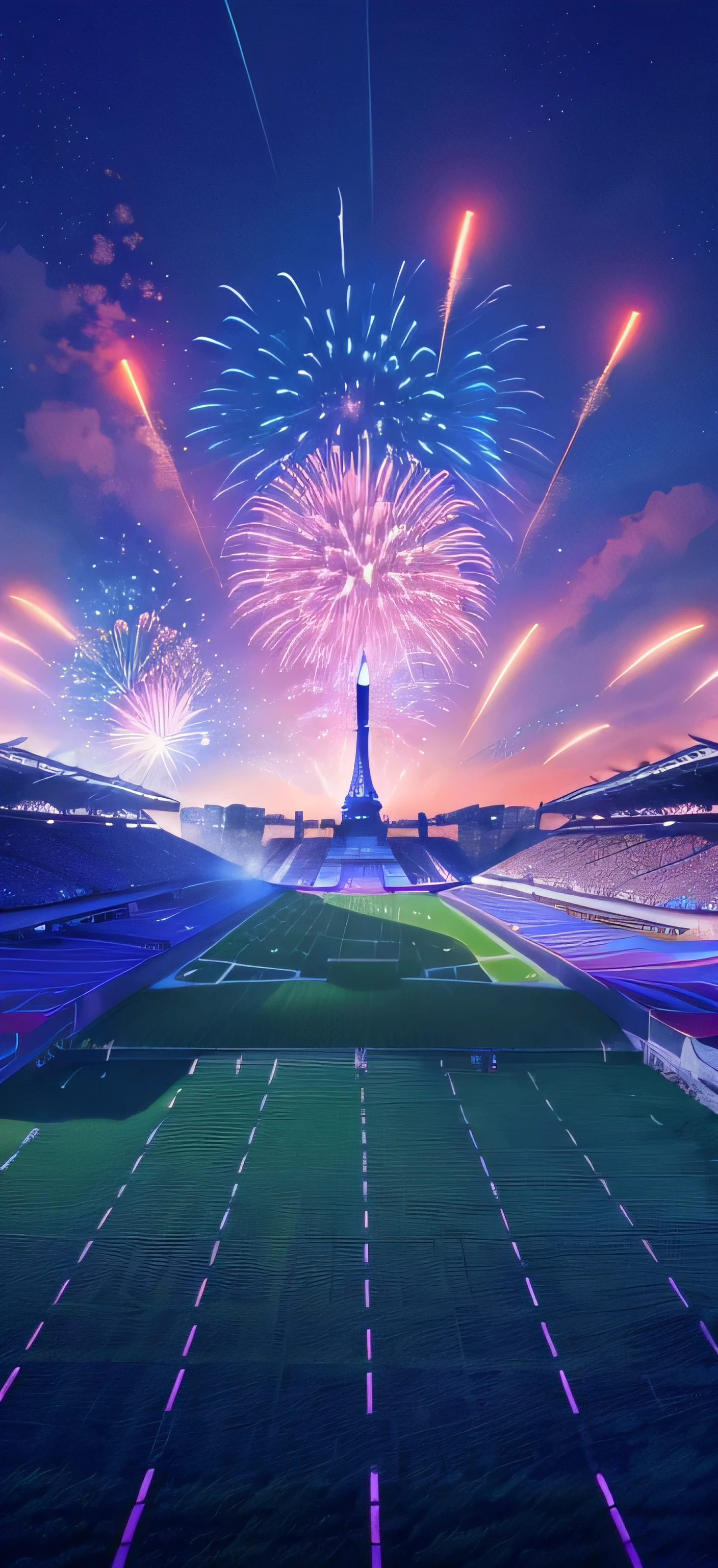 Fireworks over the stadium,In the background is a tower, colorful Anime movie background, Anime Background art, Art Deco Beyond Anime Aesthetics, TV Tokyo 2010s anime series, Anime Landscape Concept Art, Beautiful high resolution, Anime Background, Anime movie background, Amazing background, Beautiful Ambience, Beautiful anime scenery, Amazing wallpapers, Gorgeous atmosphere
