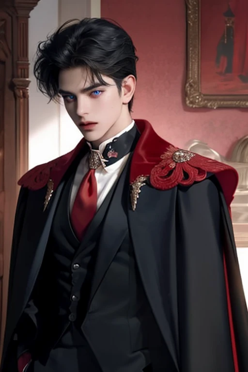masterpiece, 最high quality, high quality, 1 boy, alone, Male focus, Watching the audience,  Messy black hair, Adorable big blue eyes, White, Noble, Noble,A sexy, voluminous, puffy cape、tuxedo、A very voluminous, large, very large, very large, long, long red and black cape with a high stand-up collar, made of a lot of fabric that reaches down to the floor., ,Cute beautiful boys,Cute, cute, kind, handsome guy