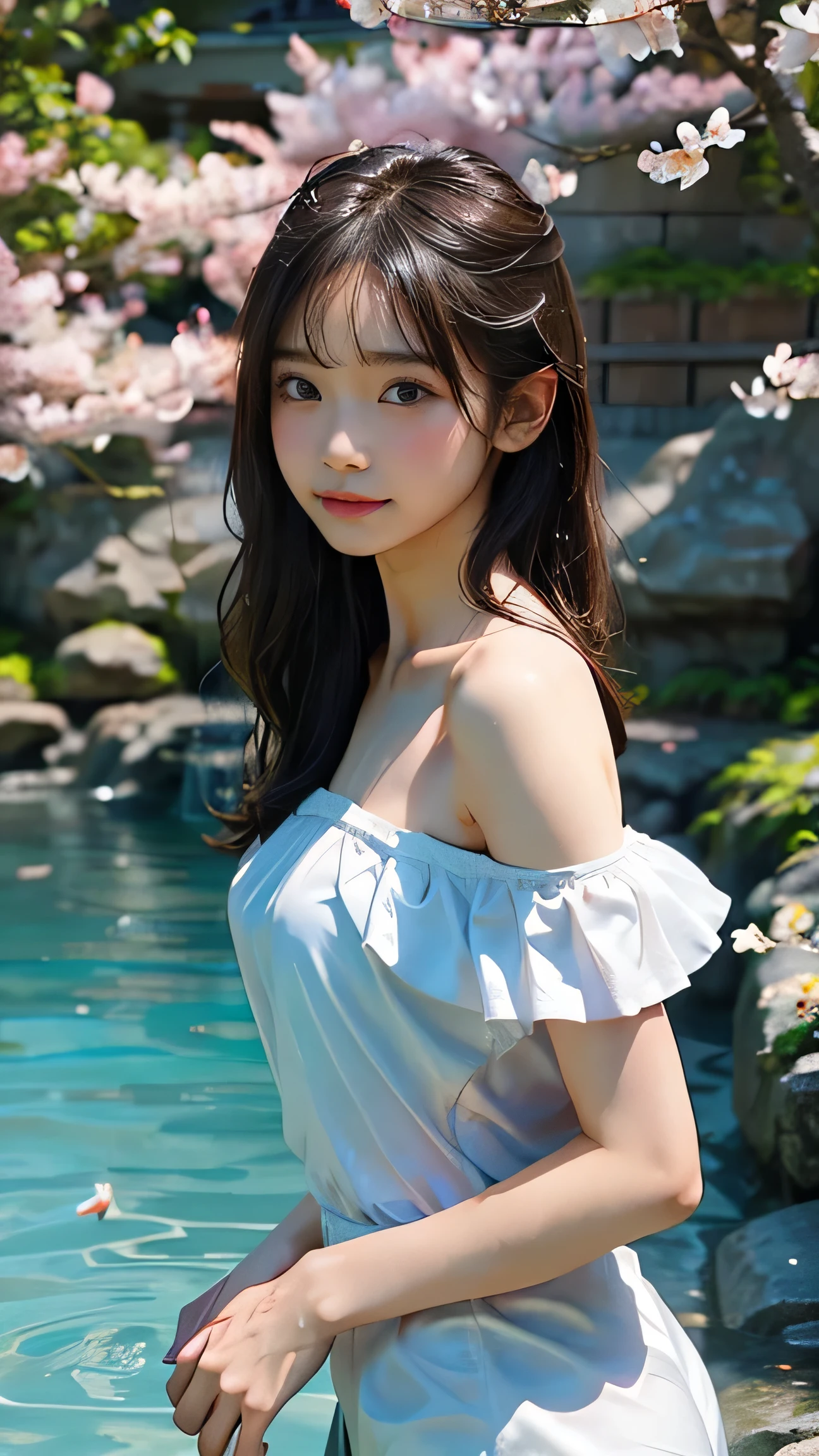 ,(masterpiece),(best quality),perfect anatomy,perfect face,realistic,
seductive,korean,1girl,bare shoulders,off shoulder,wet body,wet clothes,seductive_smile,
hips,wind_lift,outdoor,in spring,hot spring pool,falling petals,cherry blossoms,looking_at_viewer,looking_back,dynamic_angle,
zPDXLrl,