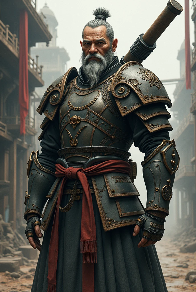 Um homem velho, Cao Cao, stark, with armor, an exoskeleton, a machine gun on the back. In steampunk anime style 