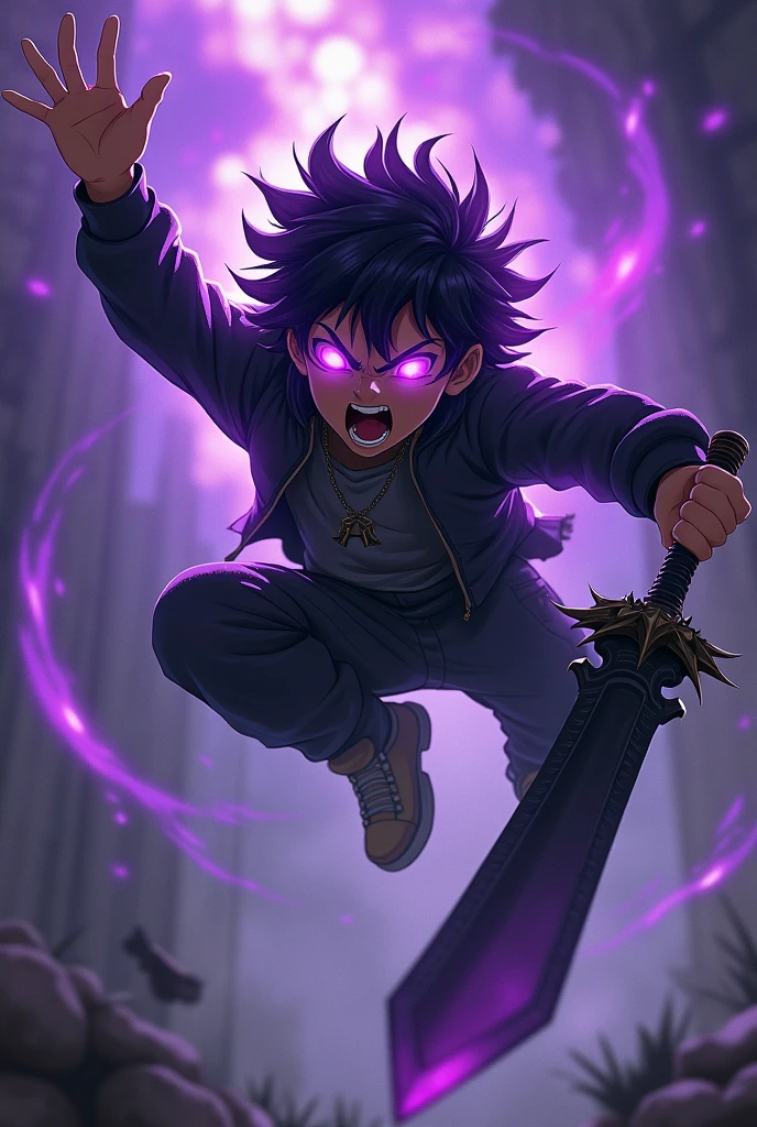 Raising a young boy
, with black spiky hair, violet power coming out of the eyes, wearing a small black jacket , jumping and screaming, with a black sword with a thorn handle,