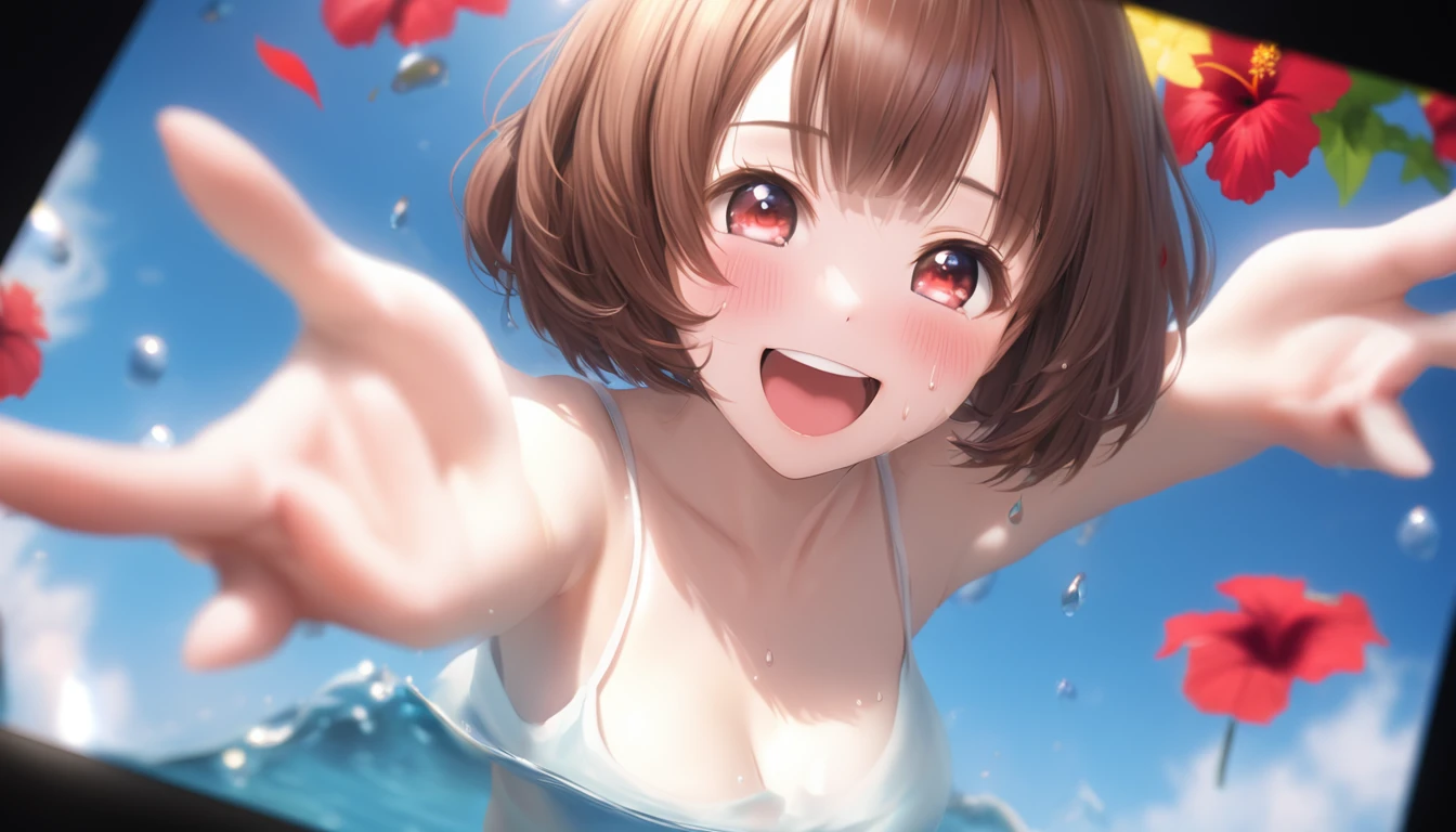 photoRealstic、Stand in front of the photo、laugh face、Water droplets on the cheeks、kawaii pose、spreading arms widely、Flowing Red Silk、bustup、Hibiscus petals、Blurring、brown haired、blue-sky、depth of fields、season!!: 夏☀ 🍂 ハイビスカス、Art Station、Sharp Focus、Photorealistic、35 mm、Super detailed、4 K、Synchrotron radiation