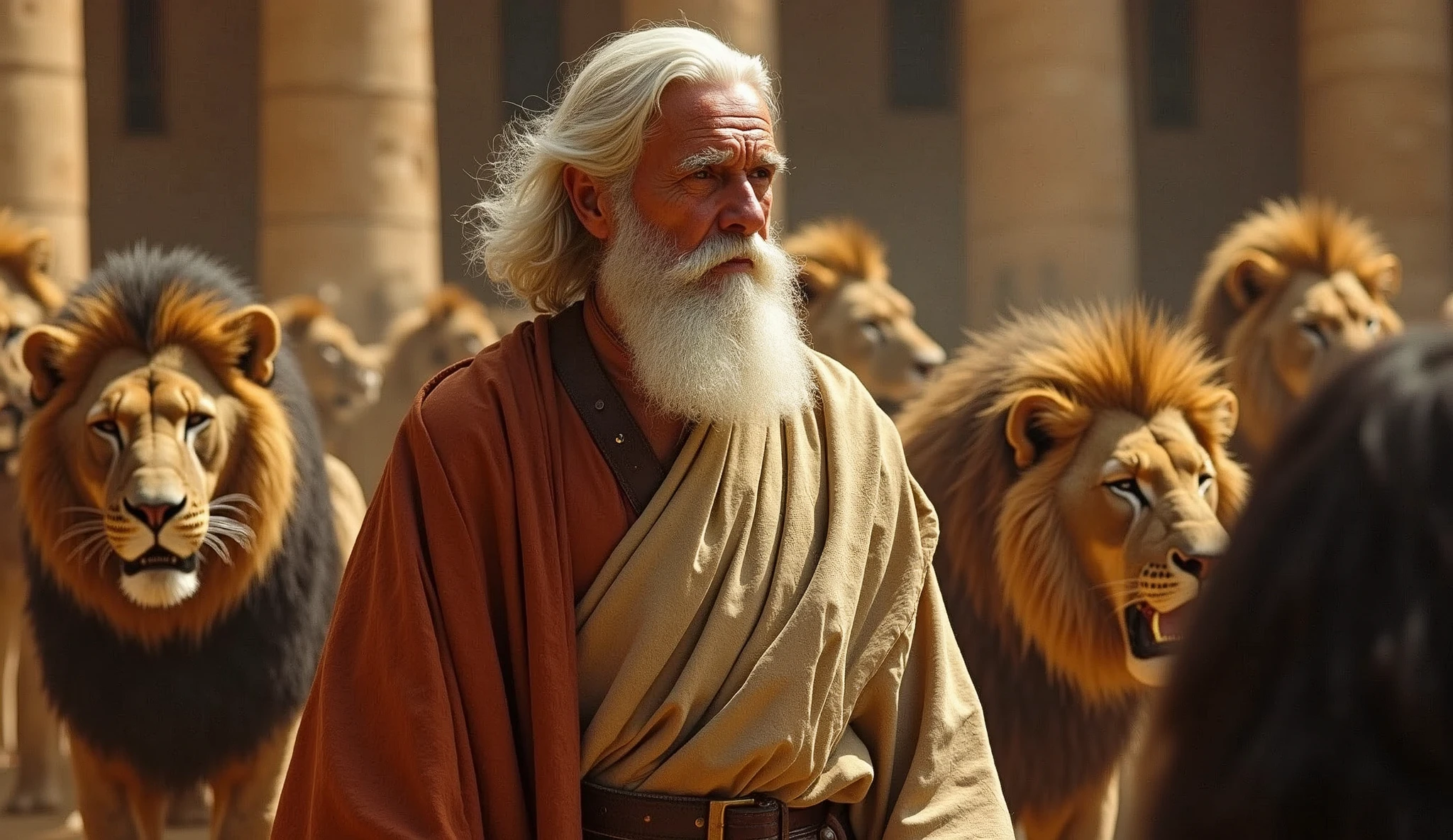 Daniel is portrayed as an elderly man, with a beard and white hair. He wears simple, traditional Babylonian clothing.. The most emblematic image shows him in the lion's den, surrounded by fierce animals that are calm around you, reflecting the miracle of your divine protection. The background may include ancient Babylonian architecture.