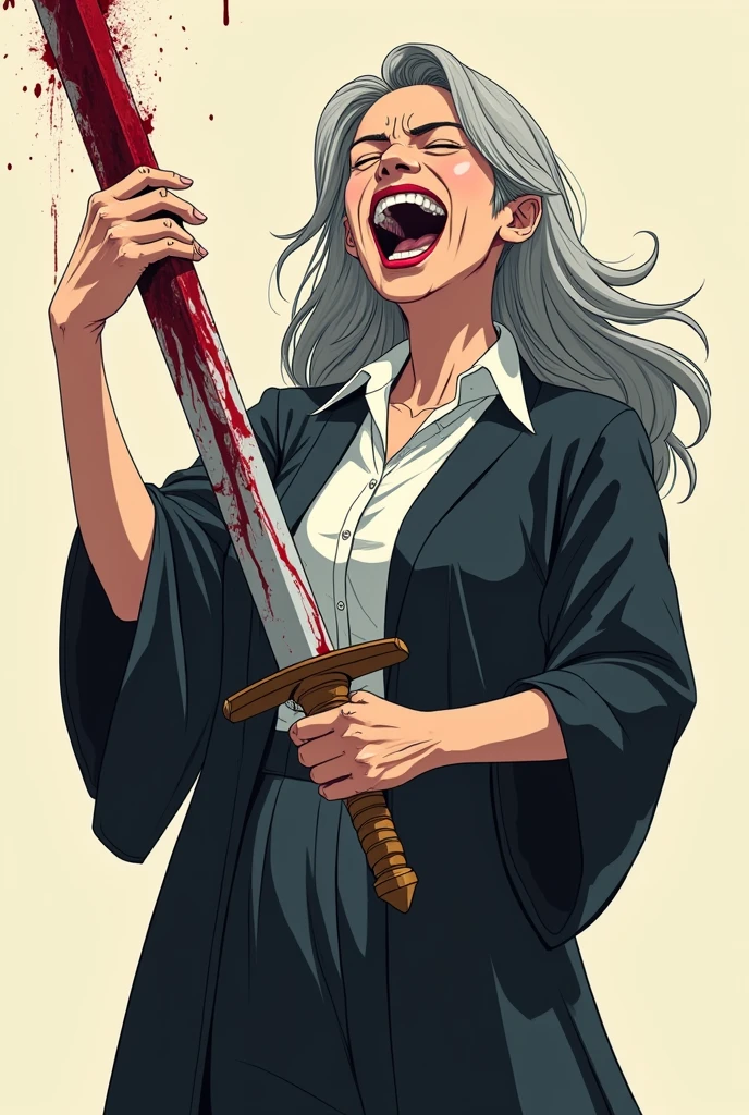 A mature teacher holding a sword covered in blood. she is laughing. she is made in 2d like an anime character