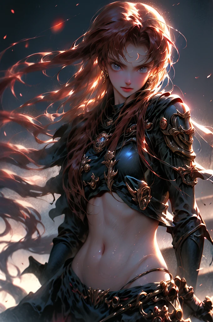 high quality fingers, normal hands, detailed fingers,masterpiece, (realistic, photo-realistic:1.37), (22 years old woman), katarina from league of legends, medium breast, small waist, dark red hair, blue eyes, beautiful face, perfect illumination, beautiful detailed eyes,looking at viewer, stunningly beautiful woman, detailed hairstyle, detailed background,shorts, detailed fantasy background, (sweat:1)