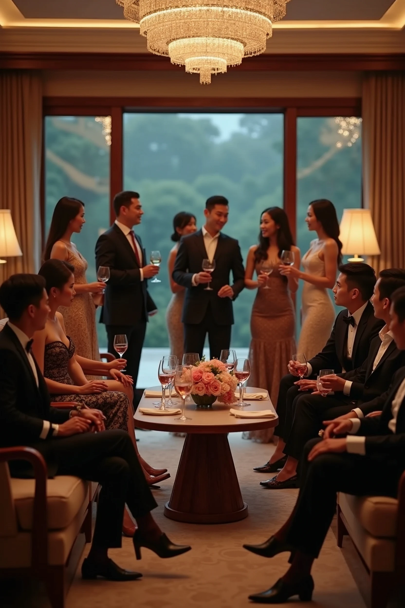 A group of fashionable people,Chinese,Parties,In the villa living room,evening,reunion,Reception,wine,Wine Tasting,Suit,High heel(Rich details),(Best quality),Film Style