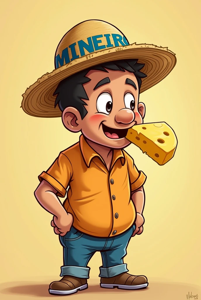 Cartoon of a cheese-eating citizen from Minas Gerais with a cheese next to his mouth, and a straw hat written MINEIRO