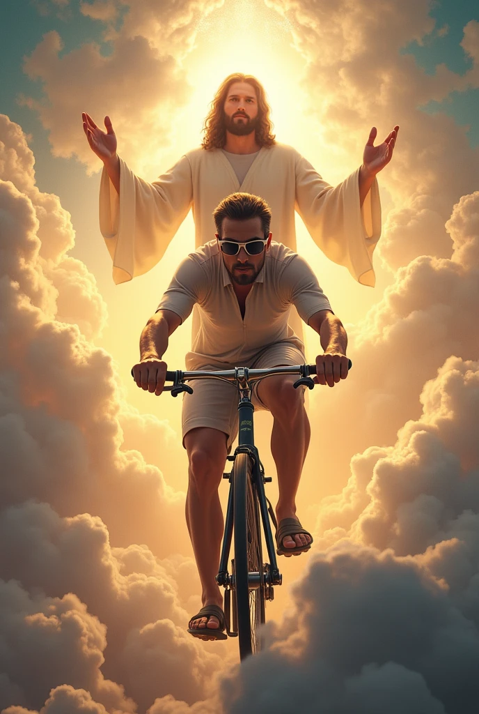 Make a cyclist with glasses on a bike in heaven with Jesus